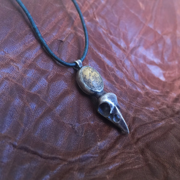 Raven Skull Pendant with Dendritic Limestone