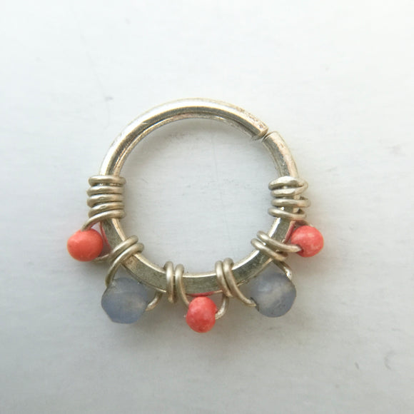 Septum Ring- Silver, Coral, Blue Agate