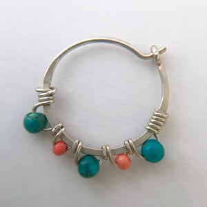 Nose ring- Silver, Turquoise, Coral