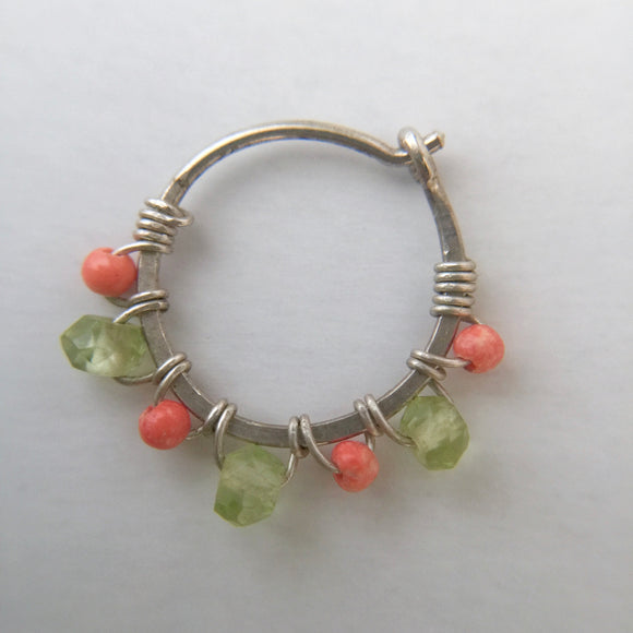 Nose ring- Silver, Peridot, Coral